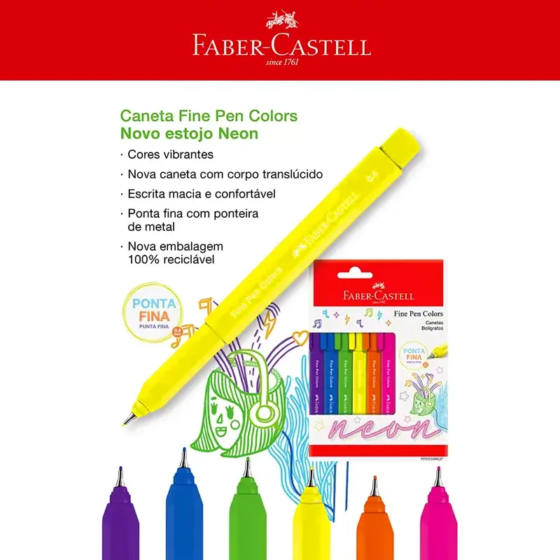 Kit 6 Canetas Fine Pen Colors Neon - Faber-Castell - Imagem 2