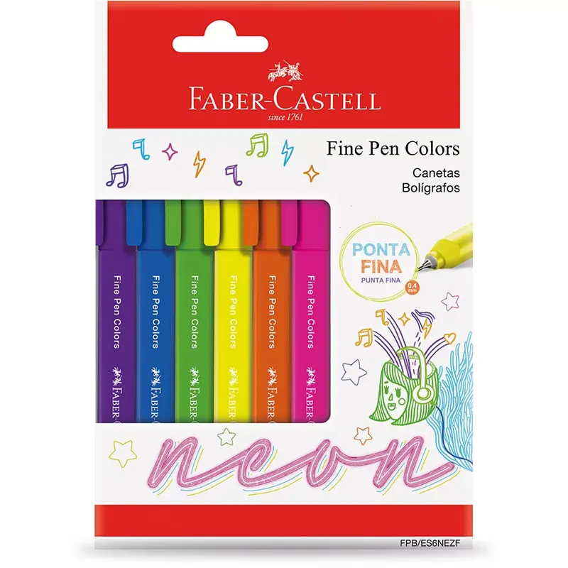 Blister-C-6-Cores-Caneta-Fine-Pen-Colors-Neon-Faber-Castell Kit 6 Canetas Fine Pen Colors Neon - Faber-Castell - Imagem 1