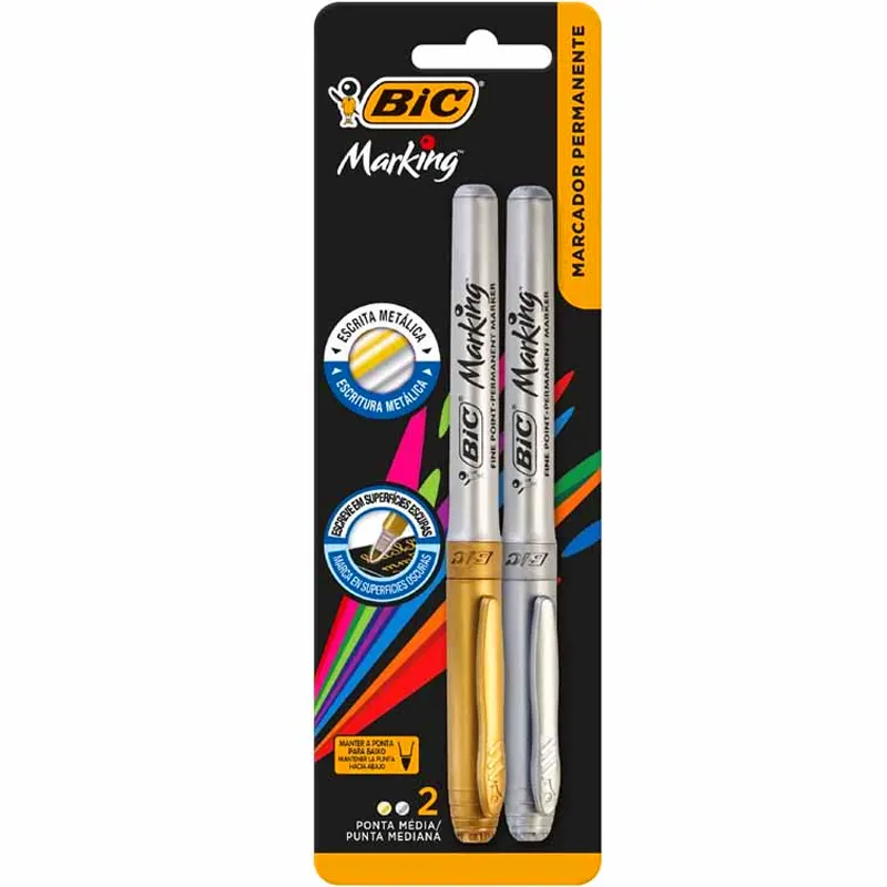 blister-c-2-marcador-permanente-dourado-e-prata-bic-marking-6433 Kit 2 Marcador Permanente Dourado e Prata Bic Marking - Imagem 1