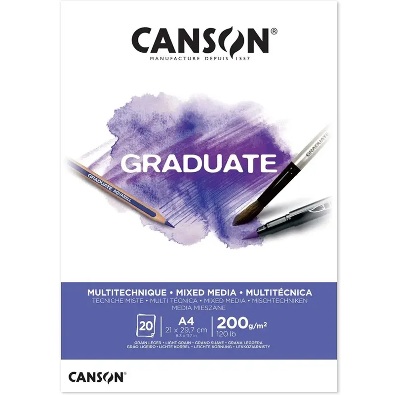 Bloco-Graduate-Multitecnica-A4-Branco-200gm2-Com-20-Folhas-Canson Bloco Graduate Multitécnica A4 Branco 200g/m2 C/20 Folhas Canson - Imagem 1