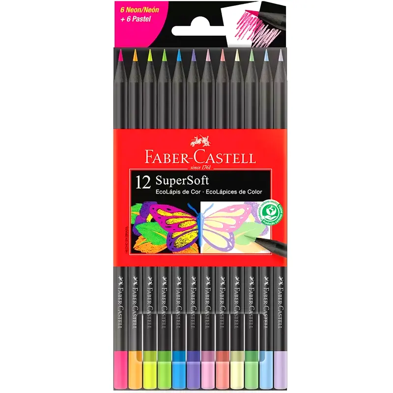 ecolapis-de-cor-12-cores-supersoft-6-neon-6-pastel-faber-castell-7086-2 EcoLápis De Cor 12 Cores Supersoft 6 Neon +6 Pastel - Faber-Castell - Imagem 1