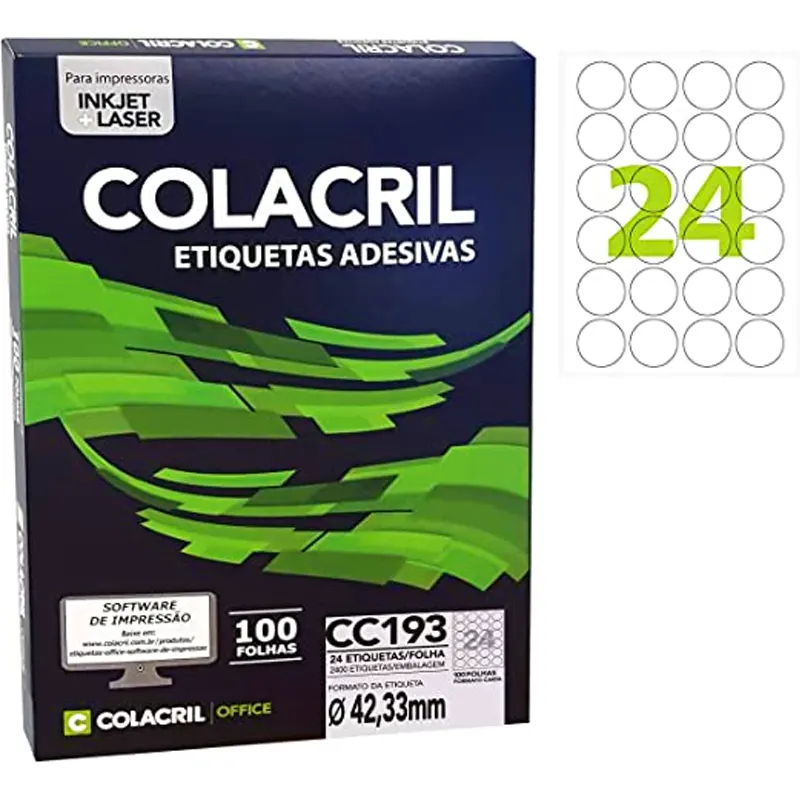 etiqueta-adesiva-redonda-a4-colacril-cc193-2400-etiquetas-4233mm-10872 Etiqueta Adesiva Redonda A4 CC193 2400 Etiquetas 42,33mm - Colacril - Imagem 1