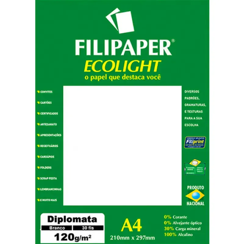 papel-a4-diplomata-ecolight-120g-m2-branco-natural-c-30-folhas-filipaper-19073 Papel A4 Diplomata Ecolight 120g/m² Branco Natural 30 Folhas - Filipaper - Imagem 1
