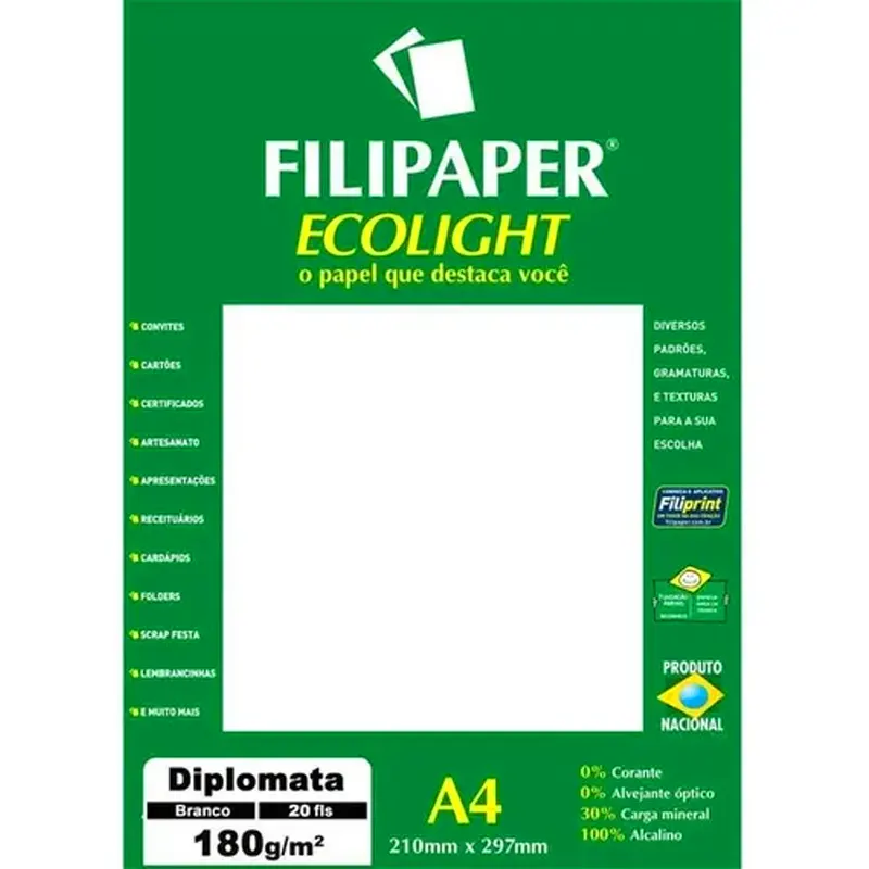 papel-a4-diplomata-ecolight-180g-m2-branco-natural-c-20-folhas-filipaper-13614 Papel A4 Diplomata Ecolight 180g/m² Branco Natural 20 Folhas - Imagem 1