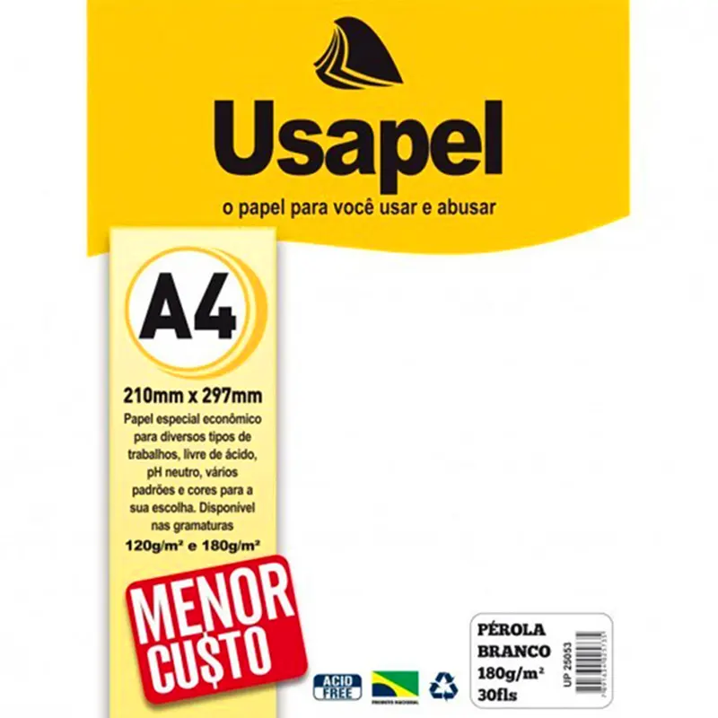papel-a4-perolado-180g-m2-branco-30-folhas-usapel-9364 Papel A4 Perolado (180g/m2) Branco C/30 Folhas - Usapel - Imagem 1