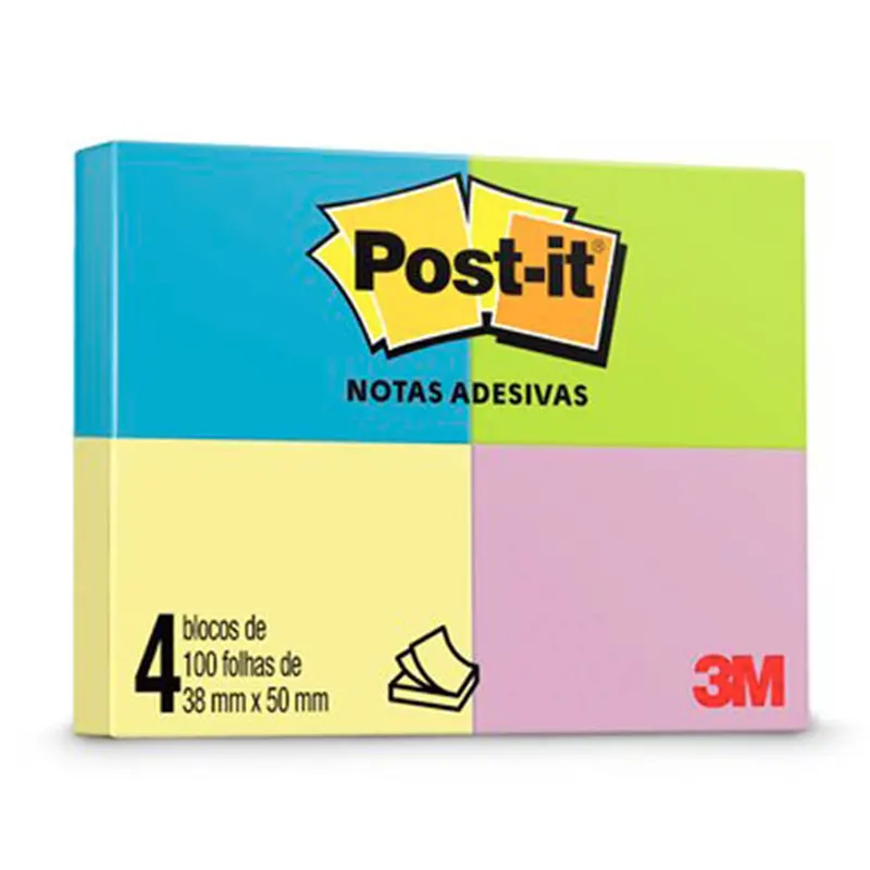 Bloco-Adesivo-Post-it-38x50mm-4-Cores-Com-400-Folhas-3M Bloco Adesivo 3M Post-it 38x50mm 4 Cores 400 Folhas - Imagem 1