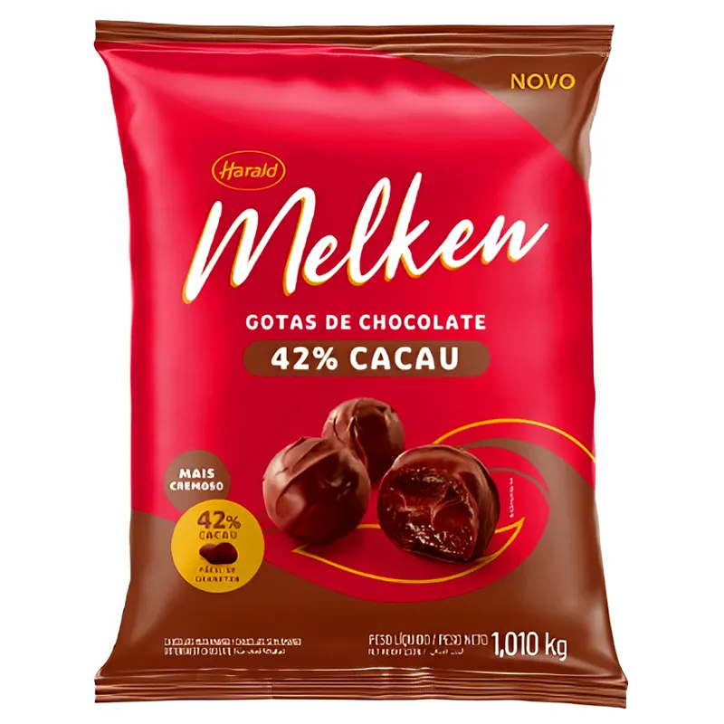 Chocolate-Puro-Gotas-Melken-42%-Cacau-Meio-Amargo-1-010kg-Harald Chocolate Puro Gotas Melken 42% Cacau Meio Amargo 1,010kg - Harald - Imagem 1