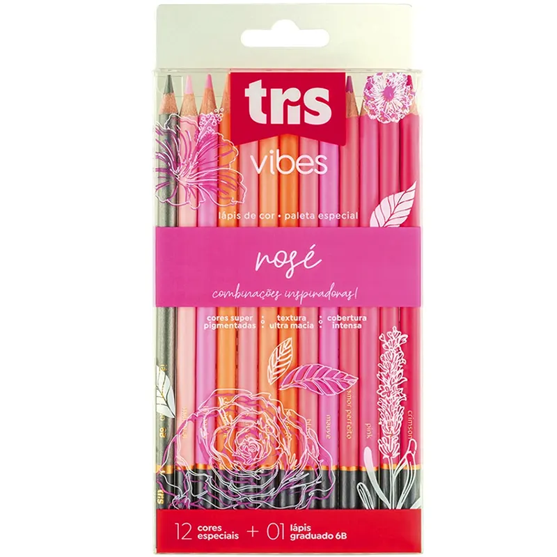 Lápis-De-Cor-Rosé-12-Cores-Lápis-6B-Tris-Vibes Lápis De Cor Rosé 12 Cores +Lápis 6B - Tris Vibes - Imagem 1