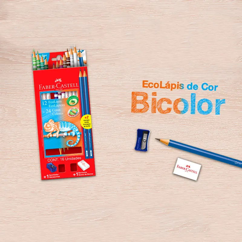 EcoLápis Bicolor 24 Cores +2 Lápis +Apontador +Borracha - Faber-Castell - Imagem 2