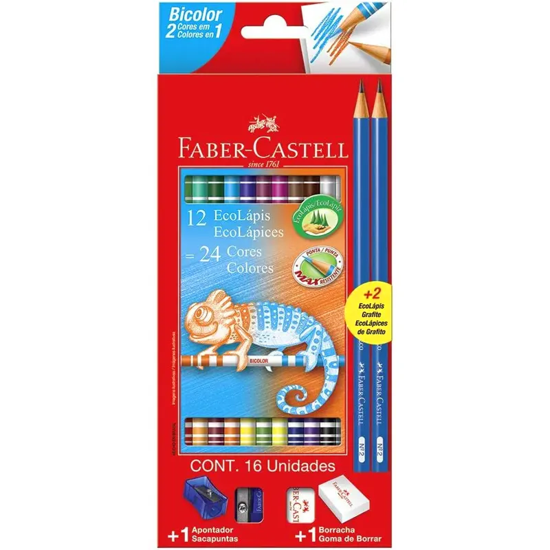 EcoLápis Bicolor 24 Cores +2 Lápis +Apontador +Borracha - Faber-Castell - Imagem 3