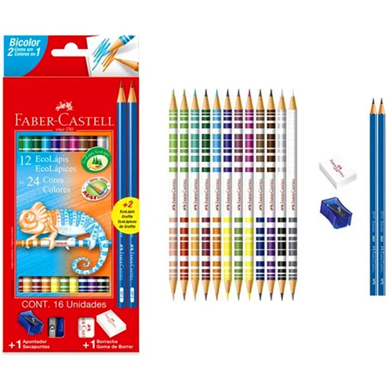 EcoLápis Bicolor 24 Cores +2 Lápis +Apontador +Borracha - Faber-Castell - Imagem 1