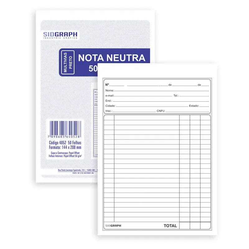 Nota-Neutra-Multivias-144x208mm-C-50-Folhas-Sidgraph Nota Neutra Multivias Preto (144x208mm) C/50 Folhas - Sidgraph - Imagem 1