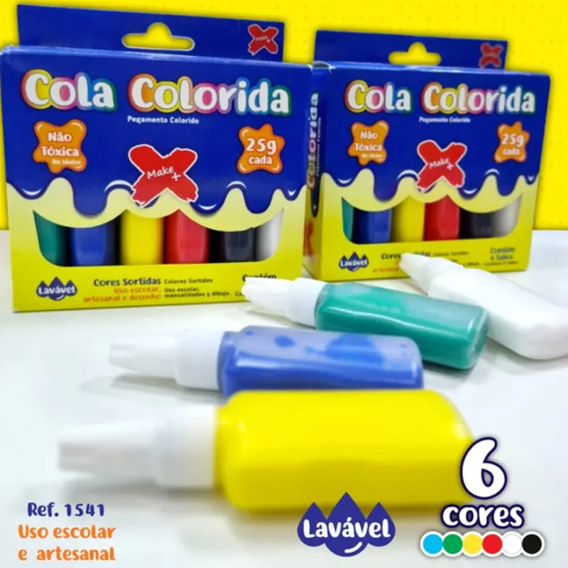 Cola-Colorida-C-6-Cores-25g-cada-Make+-1 Cola Colorida C/6 Cores 25g - Make+ - Imagem 1