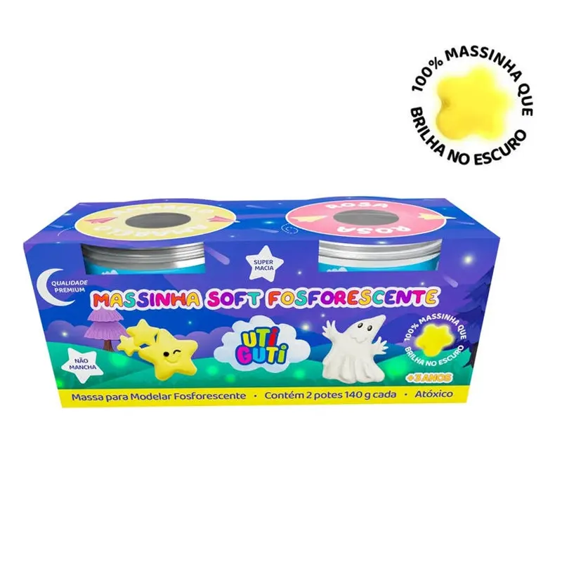 Kit Massinha-Soft-Fosforecente-Amarelo-e-Rosa-2-Unidades-X-140g-Uti-Guti Kit 2 Massinhas Soft Fosforescente Amarelo e Rosa 140g - Uti Guti - Imagem 1