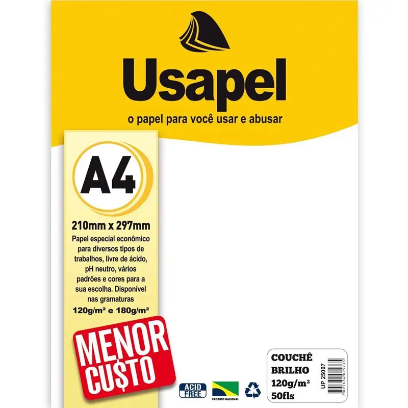Papel-A4-Couchê-120g-m2-Branco-C-50-Folhas-Usapel Papel A4 Couchê 120g/m² Branco 50 Folhas - Usapel - Imagem 1