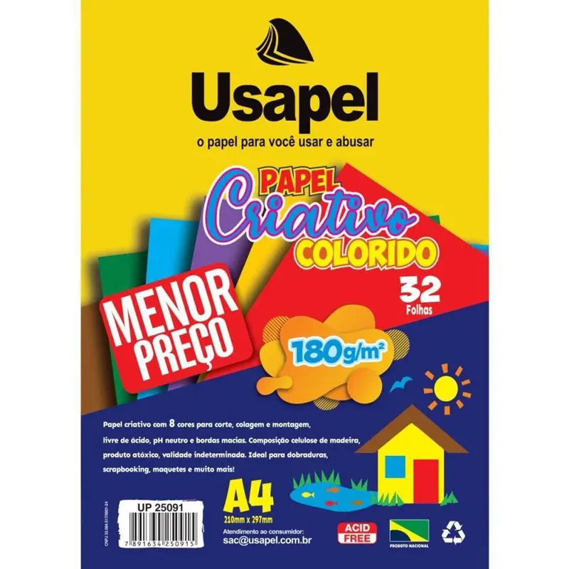 Papel-A4-Criativo-8-Cores-180g-m2-C-32-Folhas-Usapel Papel A4 Criativo 8 Cores (180g/m²) 32 Folhas - Usapel - Imagem 1