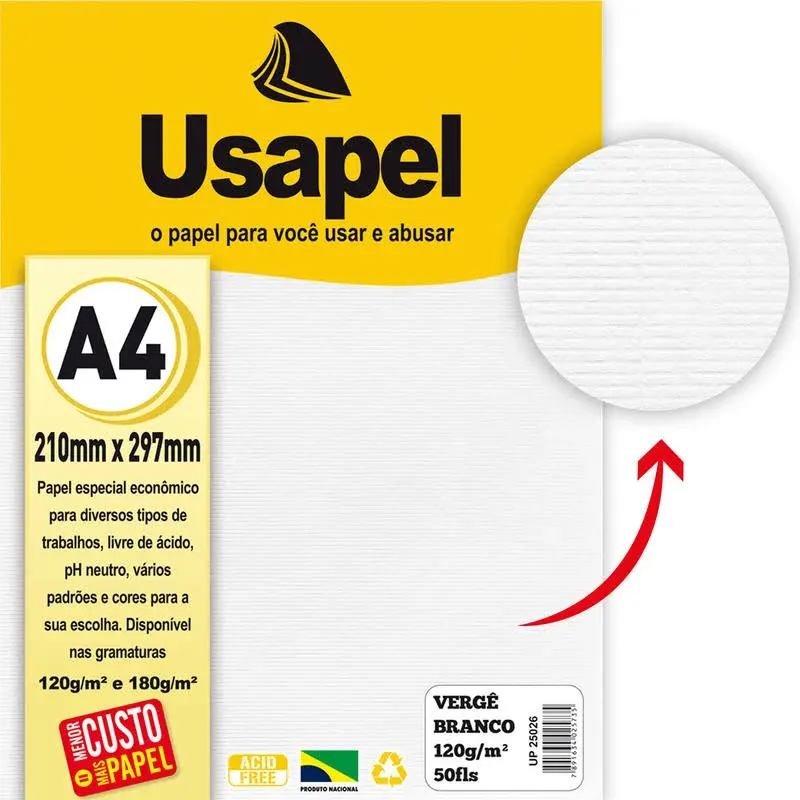 Papel-A4-Vergê-120g-m2-Branco-C-50-Folhas-Usape-1 Papel A4 Vergê 120g/m² Branco 50 Folhas - Usapel - Imagem 1