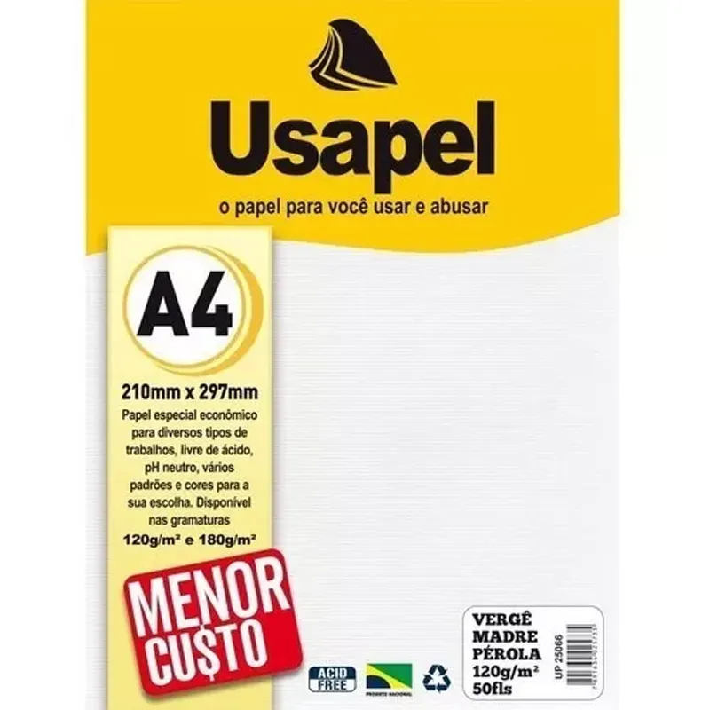 Papel-A4-Vergê-120g-m2-Branco-Madre-Pérola-C-50-Folhas-Usapel Papel A4 Vergê 120g/m² Branco Madre Pérola 50 Folhas - Usapel - Imagem 1