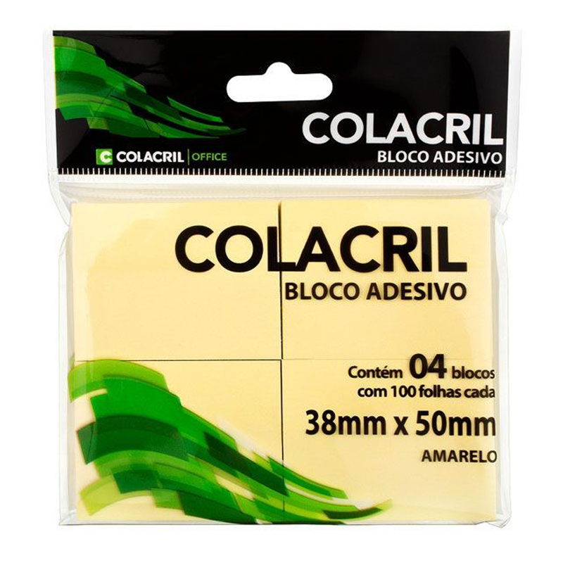 Bloco Adesivo Colacril 38 x 50 mm Amarelo 4 Blocos com 100 f Bloco Adesivo 38x50mm Amarelo 4 Blocos 400 Folhas - Colacril - Imagem 1