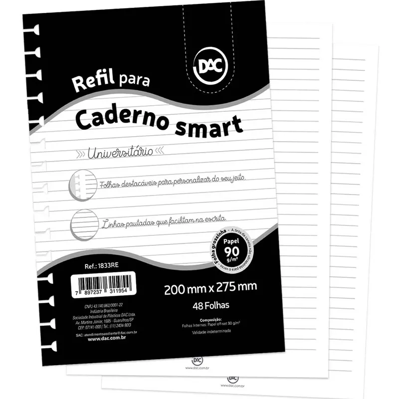 Refil-Caderno-Universitário-Smart-Branca-C-48-Folhas-Dac Refil Caderno Universitário Smart Branca C/48 Folhas - Dac - Imagem 1