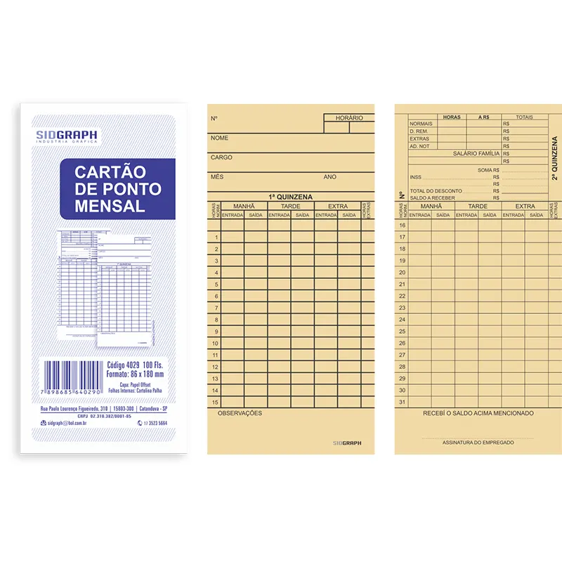 Cartão-Ponto-Mensal-86x180mm-Palha-100-Folhas-4029-Sidgraph Cartão Ponto Mensal 86x180mm Palha 100 Folhas - Sidgraph - Imagem 1