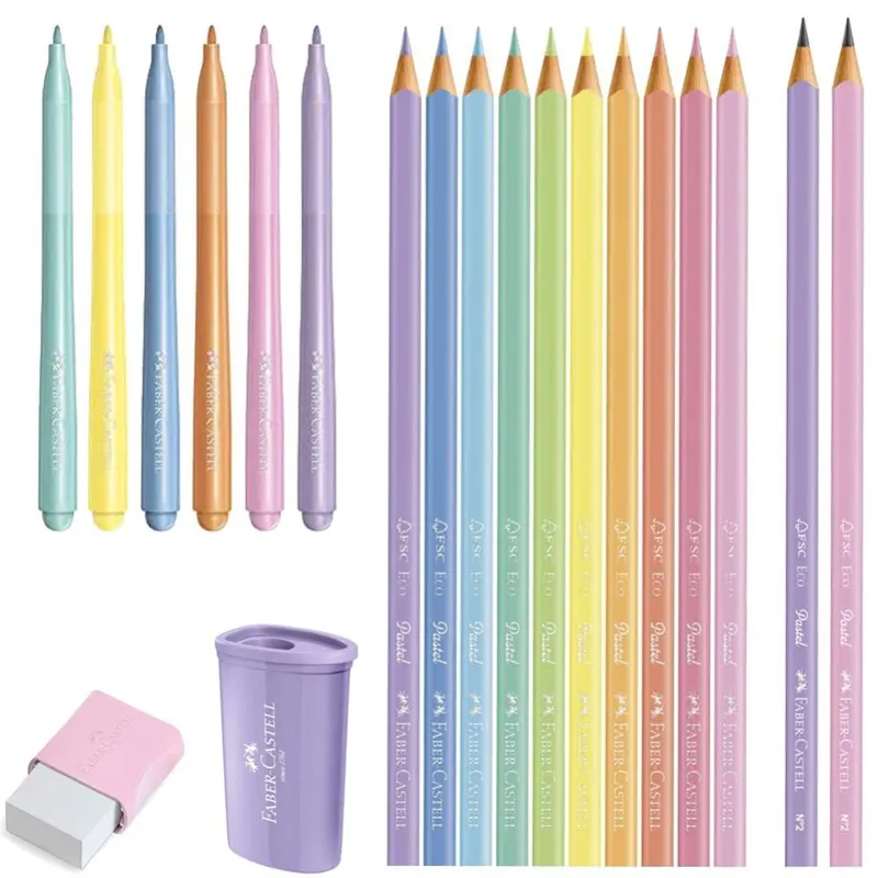 Kit-Tons-Pastel-Lápis-de-Cor+Canetinha+Lápis+Apontador+Borracha-Faber-Castell Kit Tons Pastel Lápis De Cor + Caneta + Lápis + Apontador + Borracha - Faber-Castell - Imagem 1