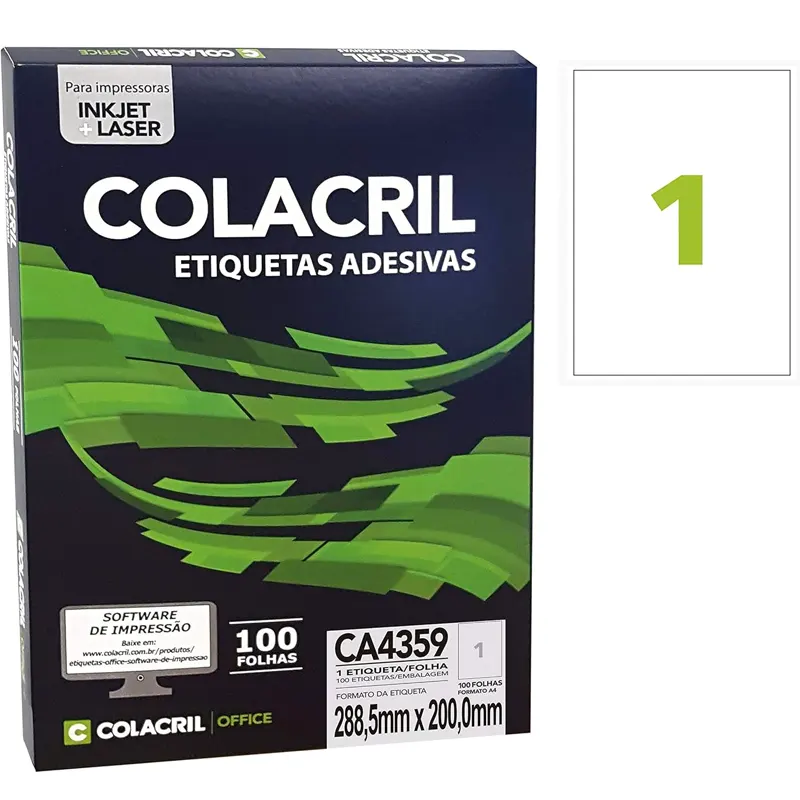 etiqueta-adesiva-a4-ca4359-100-etiquetas-2885x200mm-colacril-22121 Etiqueta Adesiva A4 CA4359 100 Etiquetas 288,5x200mm - Colacril - Imagem 1