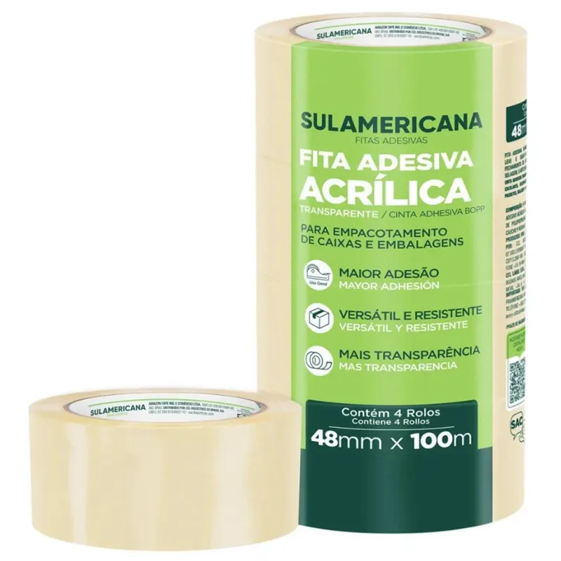 4-fitas-adesivas-acrilica-48mm-x-100m-transp-pacote-sulamericana PCT C/4 Fitas Adesivas Acrílica 48mm x 100m Transparente - Sulamericana - Imagem 1
